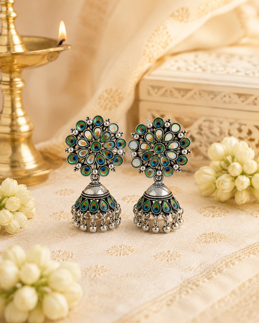 Peacock Royale Silver Jhumka