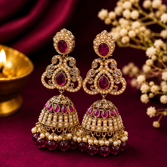 Diva style Long Festive Jhumka with Dark Pink & white stone with embedded Pearl