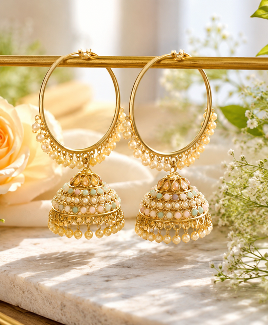 Pastel Pink & Green Silver Pearl Hoop Jhumka Earrings