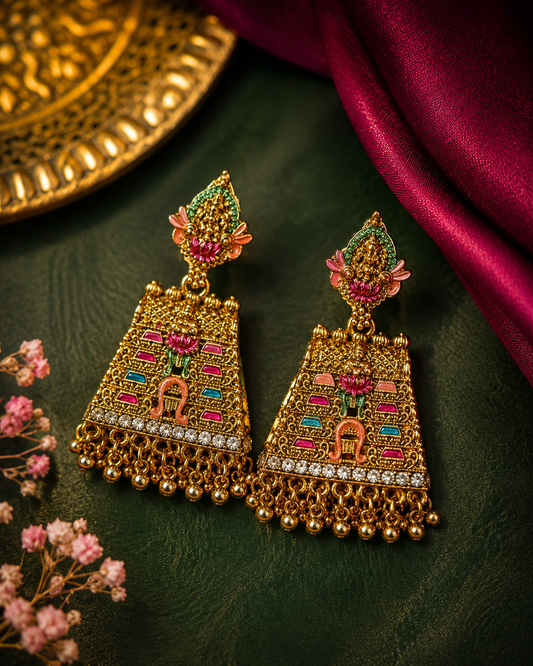 Temple Heritage Gopuram Meenakari Statement Earrings