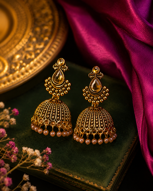 Antique Gold Pearl Jhumka Earrings