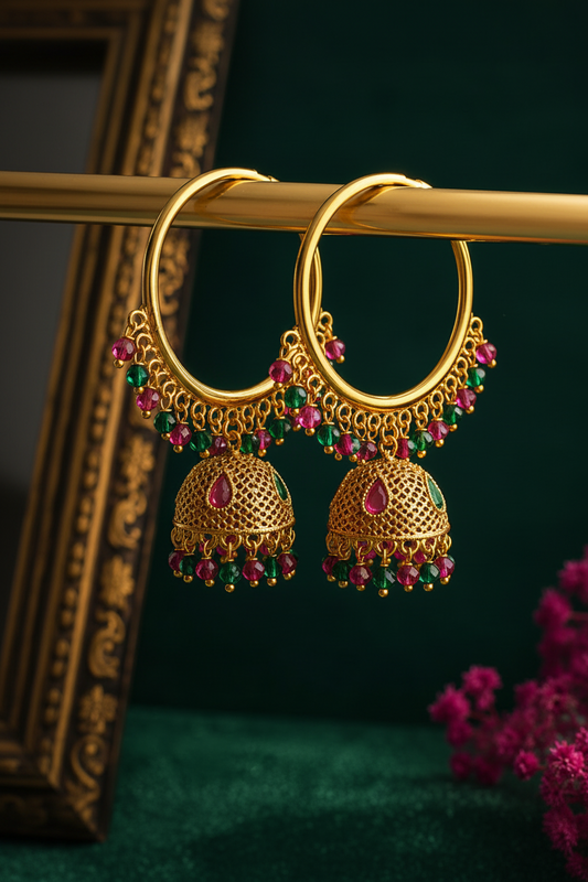 Royal Ruby & Emerald Jhumka Hoops – Antique Gold Finish