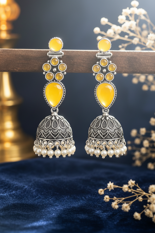 Silver Oxidised Traditional Jhumka with Mustard Yellow kundan stone and white beads