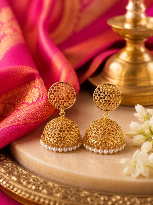 Traditional Golden Dome Jhumka Earrings with Pearl beads