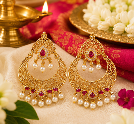 Royal Ruby Pearl Chandbali Pearl Earrings
