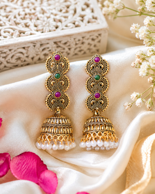 Traditional Antique Jhumka Earrings with Pearl Drops & Dual-Tone Stone Detailing