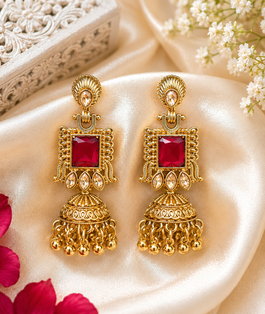 Ruby Elegance Antique Gold Long Jhumka Earrings