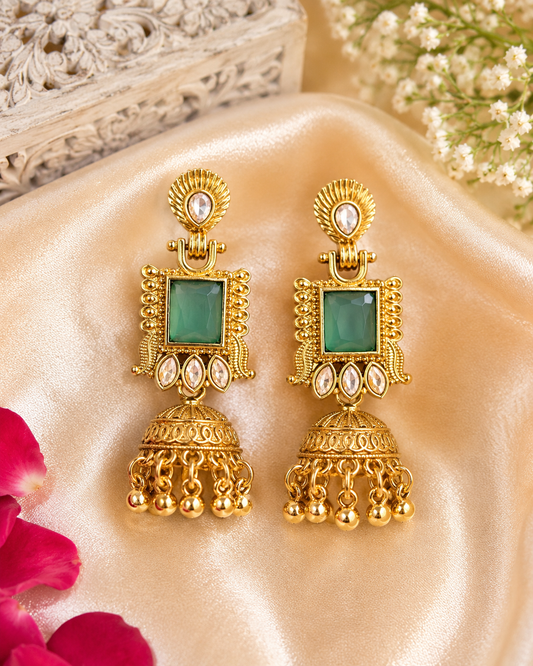 Pastel Green Elegance Antique Gold Long Jhumka Earrings
