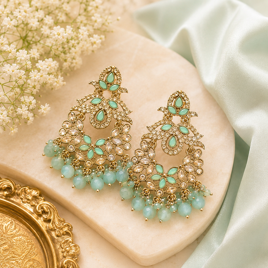Soft Mint Green Crystal Floral Chandbali Earrings