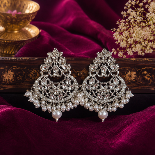 Silver Crystal Pearl Chandbali Earrings