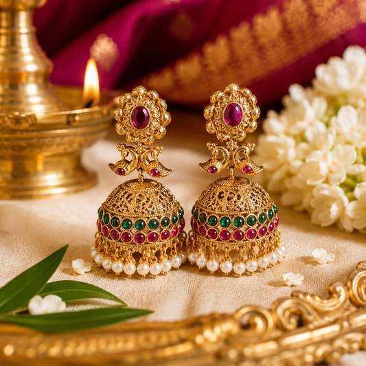 Royal Ruby & Emerald Heritage Jhumka Pearl Earrings