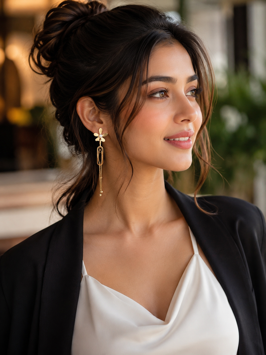 Golden Bloom Pearl Chain Drop Earring
