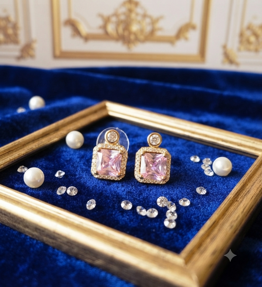 Blush Pink Crystal Premium Square Stud Earrings