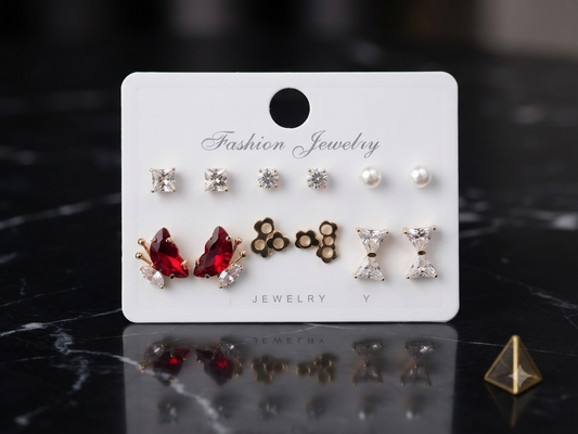 Golden Bow & Flutter Multi-Pair Earring Set