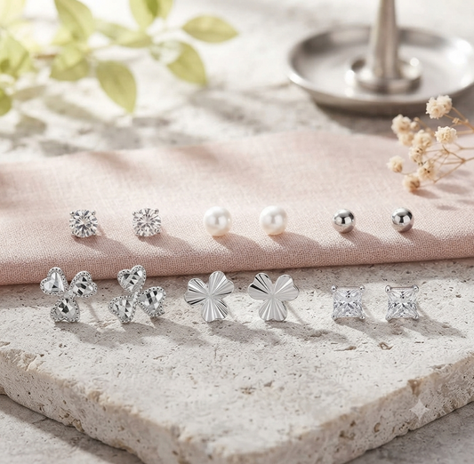Sterling Blossom & Solitaire Multi-Pair Earring Set