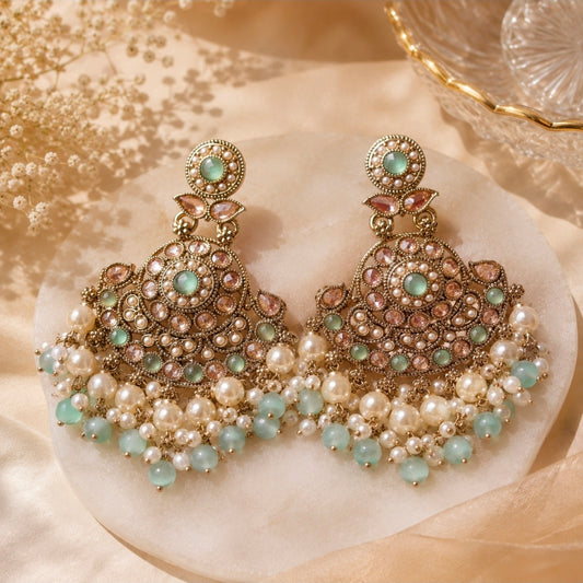 Premium Chandbali Earring with Pastel Green Color beads & Pearl drops