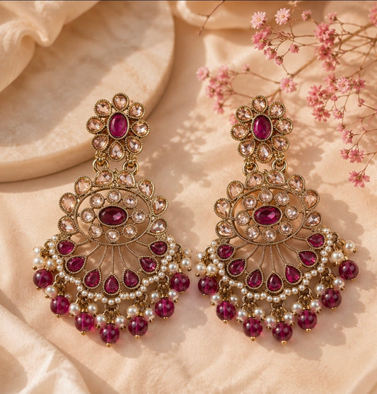 Premium Chandbali Earrings with Deep wine color beads & Pearl drops