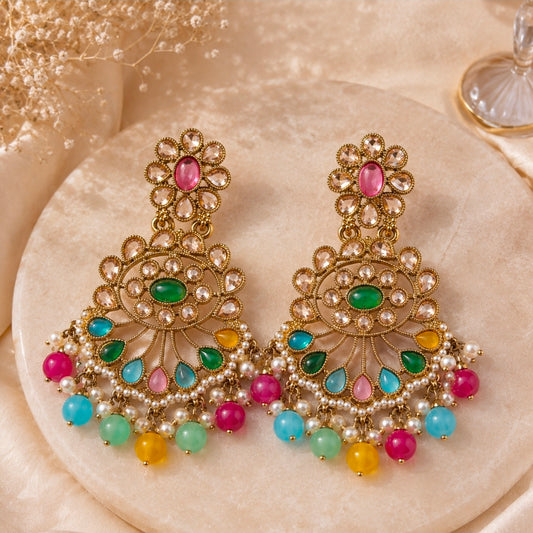 Premium Chandbali Earrings with Multi color beads & Peral drops