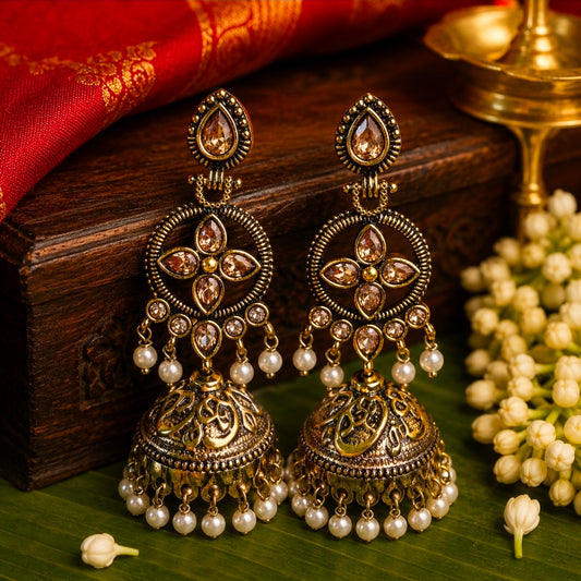 Antique Gold Kundan Pearl Jhumka Earrings
