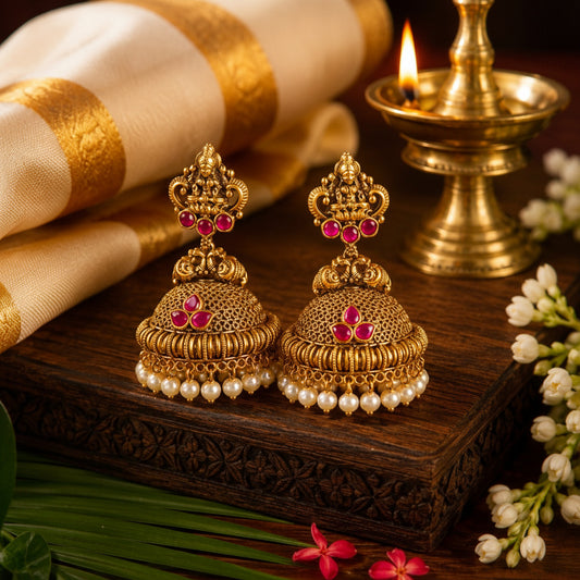 Premium Lakshmi Antique Pearl Jhumka Earrings with Pink stone & Pearl
