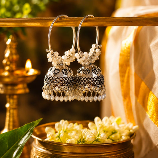 Oxidised Silver Pearl Hoop Jhumka Earrings