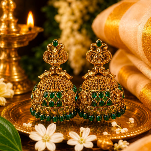 Royal Emerald Temple Lakshmi Motif Jhumka Earrings