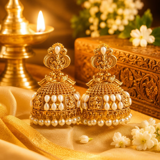 Pearl Temple divine lakshmi Jhumka Earrings