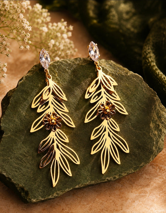 Golden Fern Leaf Crystal Bloom Earrings