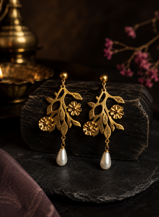 Golden Vine Pearl Drop Earrings