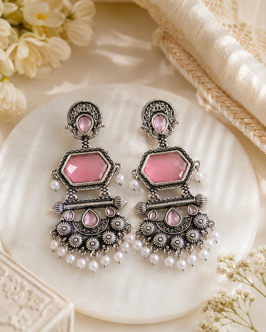 Pastel Rose Silver Pearl Statement Earrings